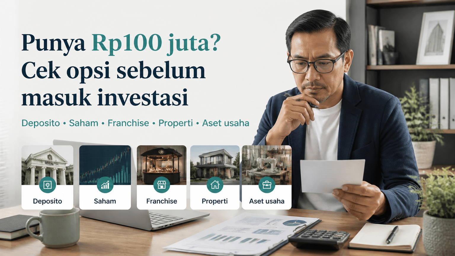 Ilustrasi perbandingan beberapa opsi dana Rp100 juta sebelum memilih investasi atau aset usaha.