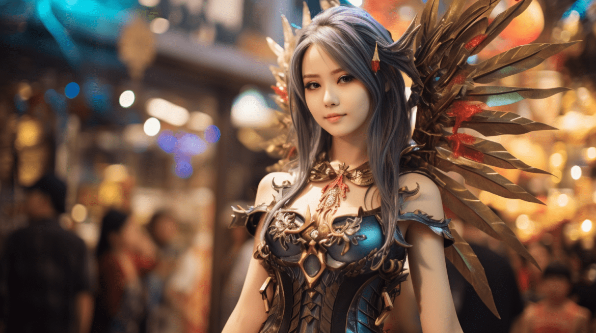 Perempuan berpose dalam kostum cosplay