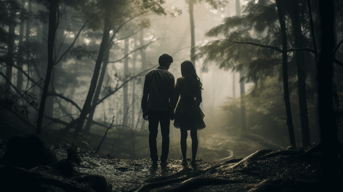 Foto prewedding tema petualangan di hutan