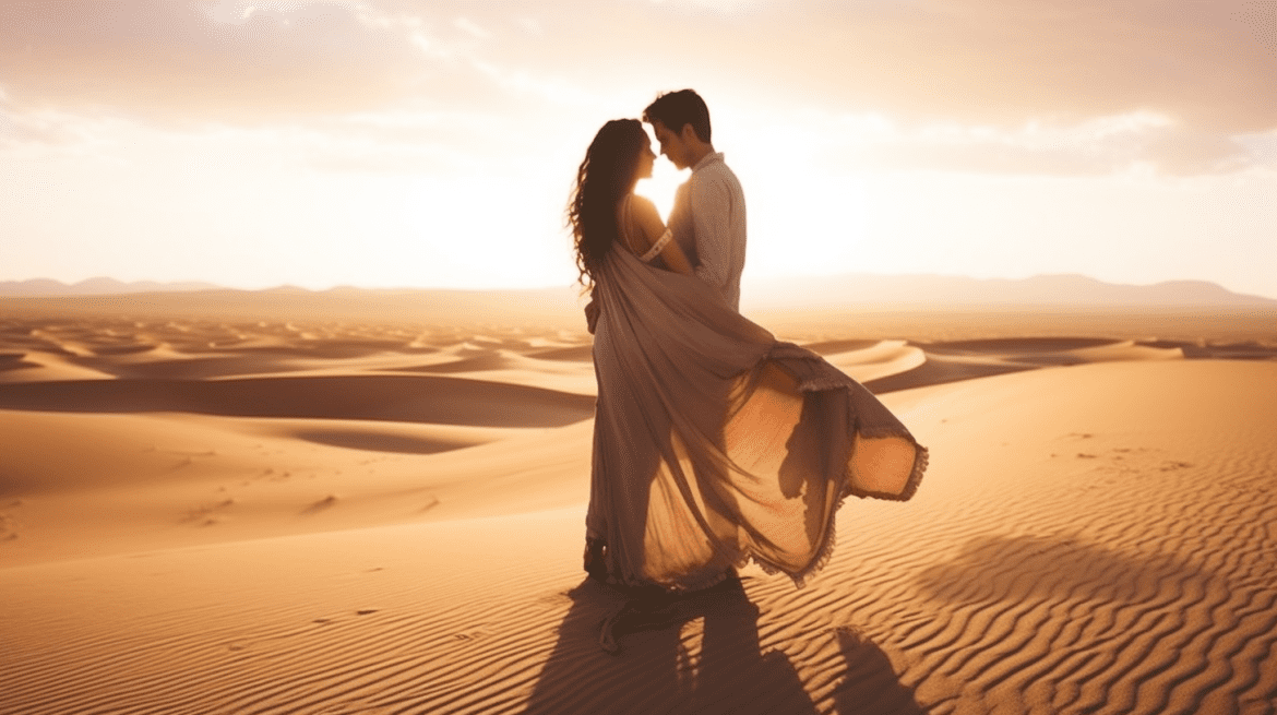 Foto prewedding tema bohemian di padang pasir