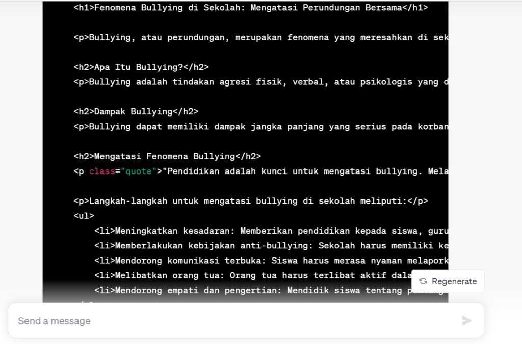Contoh hasil tulisan ChatGPT dengan format HTML