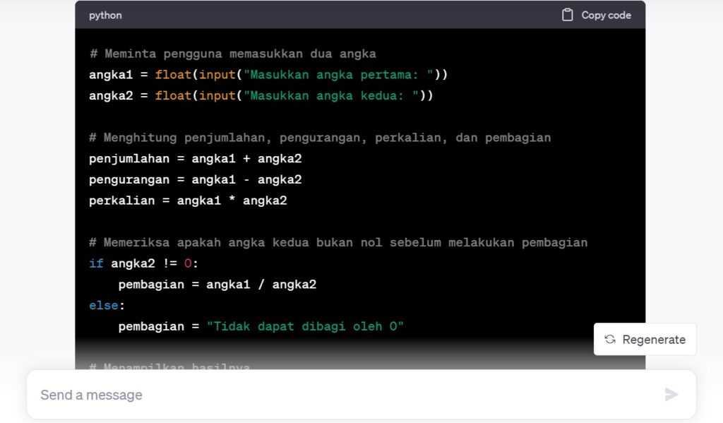 Contoh hasil tulisan ChatGPT dengan format bahasa pemrograman