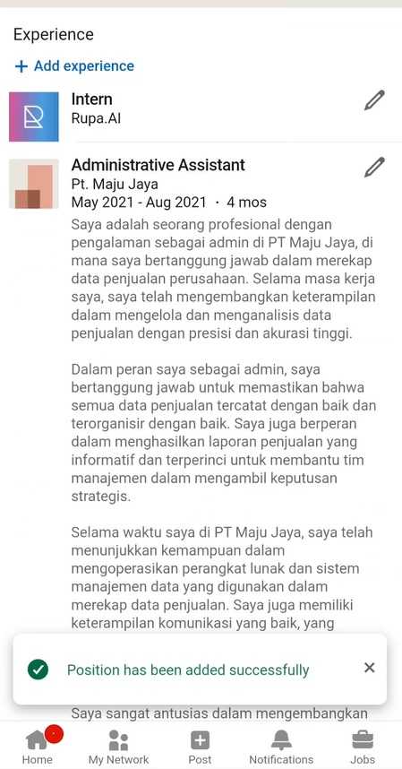 Contoh hasil bagian pengalaman yang sudah diperbarui