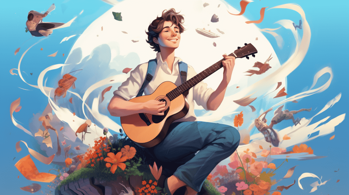 Ilustrasi pria bernyanyi sambil bermain gitar