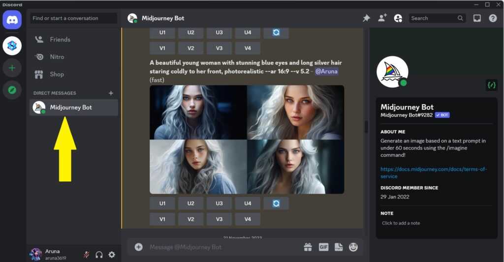 Screenshot cara menggunakan Midjourney bot