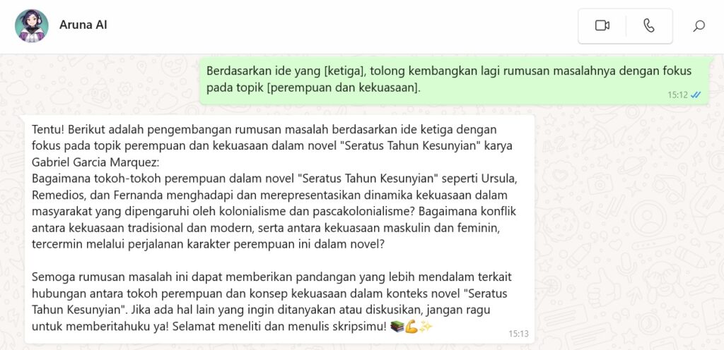 Contoh chat menulis rumusan masalah skripsi pakai Aruna AI - 3