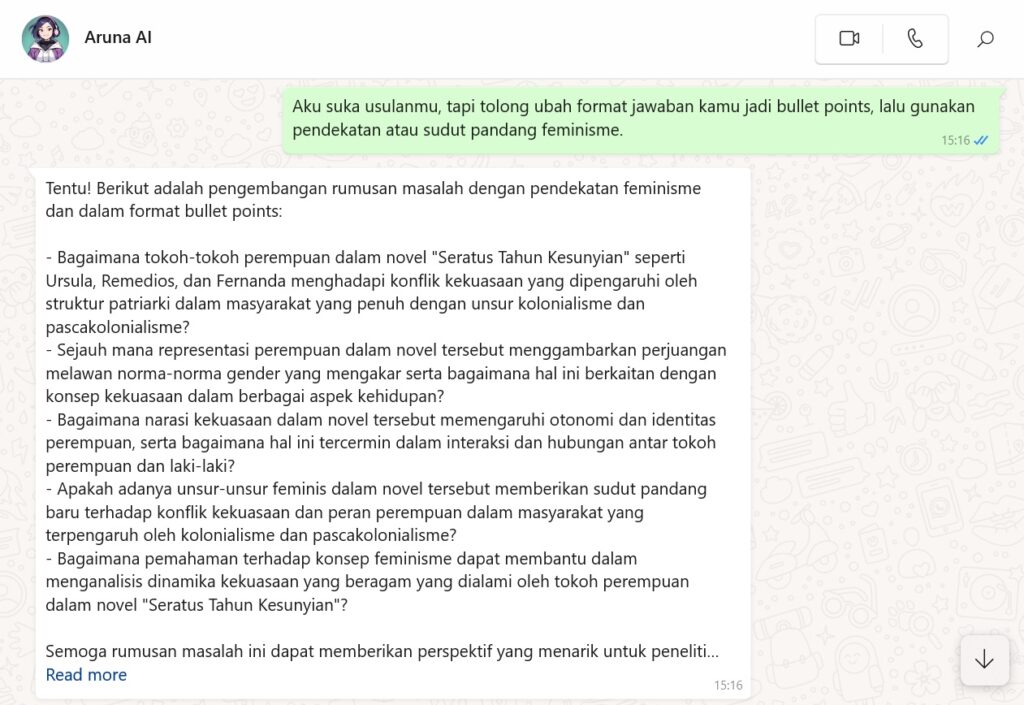 Contoh chat menulis rumusan masalah skripsi pakai Aruna AI - 4